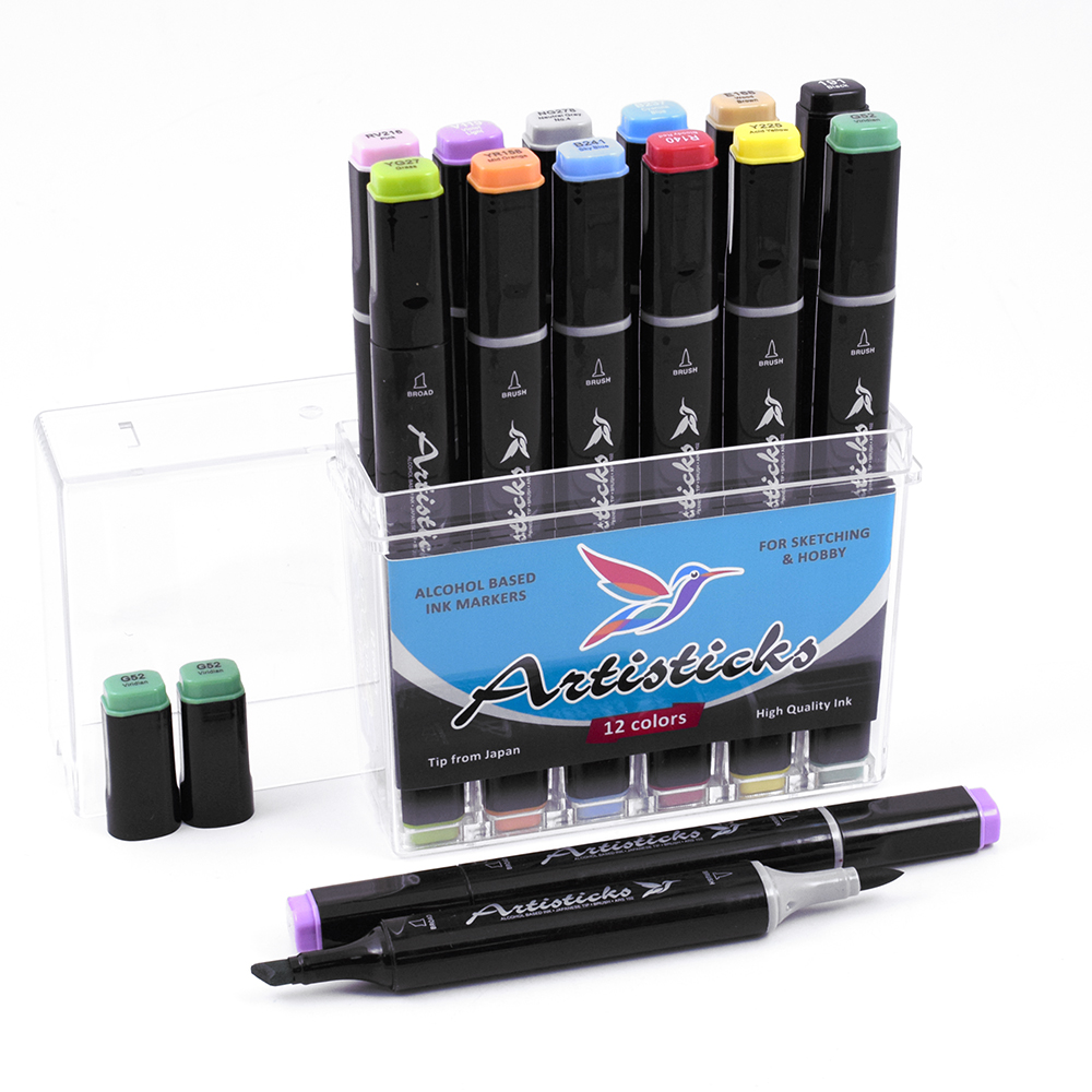 Профессиональные двусторонние художественные маркеры Artisticks® ARS 102-12 BOX  на спиртовой основе