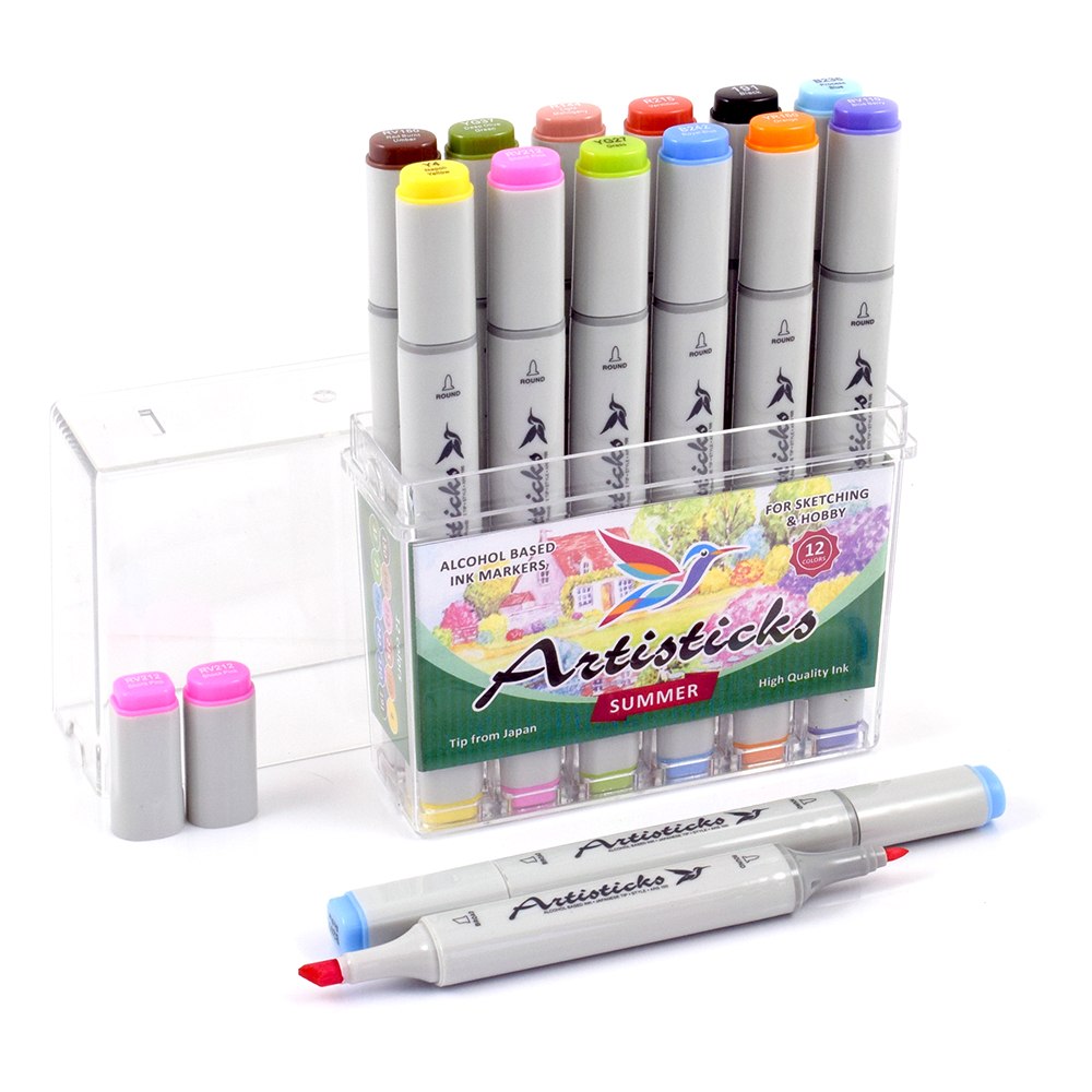 Профессиональные двусторонние художественные маркеры Artisticks®  Палитра 12 цветов Тематический набор SUMMER / «Летние цвета»  на спиртовой основе