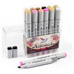 Профессиональные двусторонние художественные маркеры Artisticks®  Палитра 12 цветов Тематический набор SKIN / «Телесные цвета»  на спиртовой основе